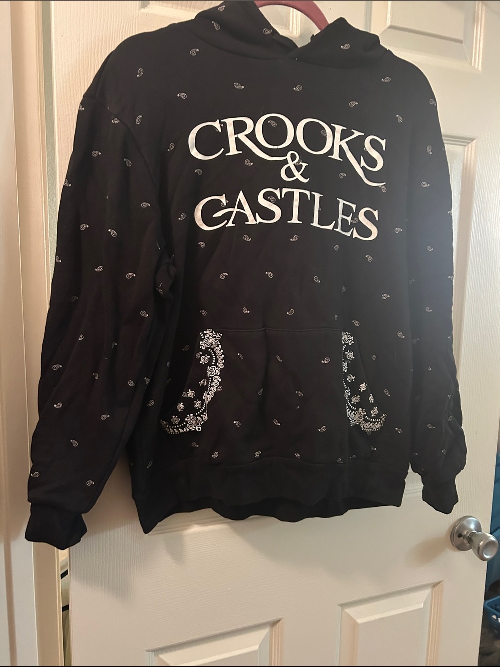 Crooks & Castles Black Hoodie with White Logo & Bandana Print